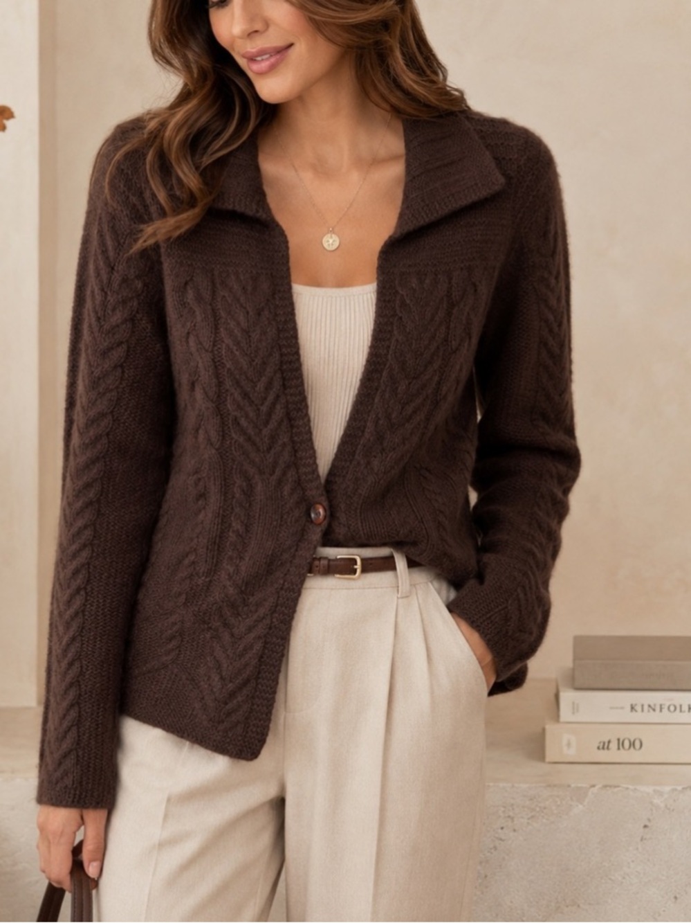 💯 Cashmere Brown Cable Knit Women's Sweater Cardigan by Grayson and Dunn